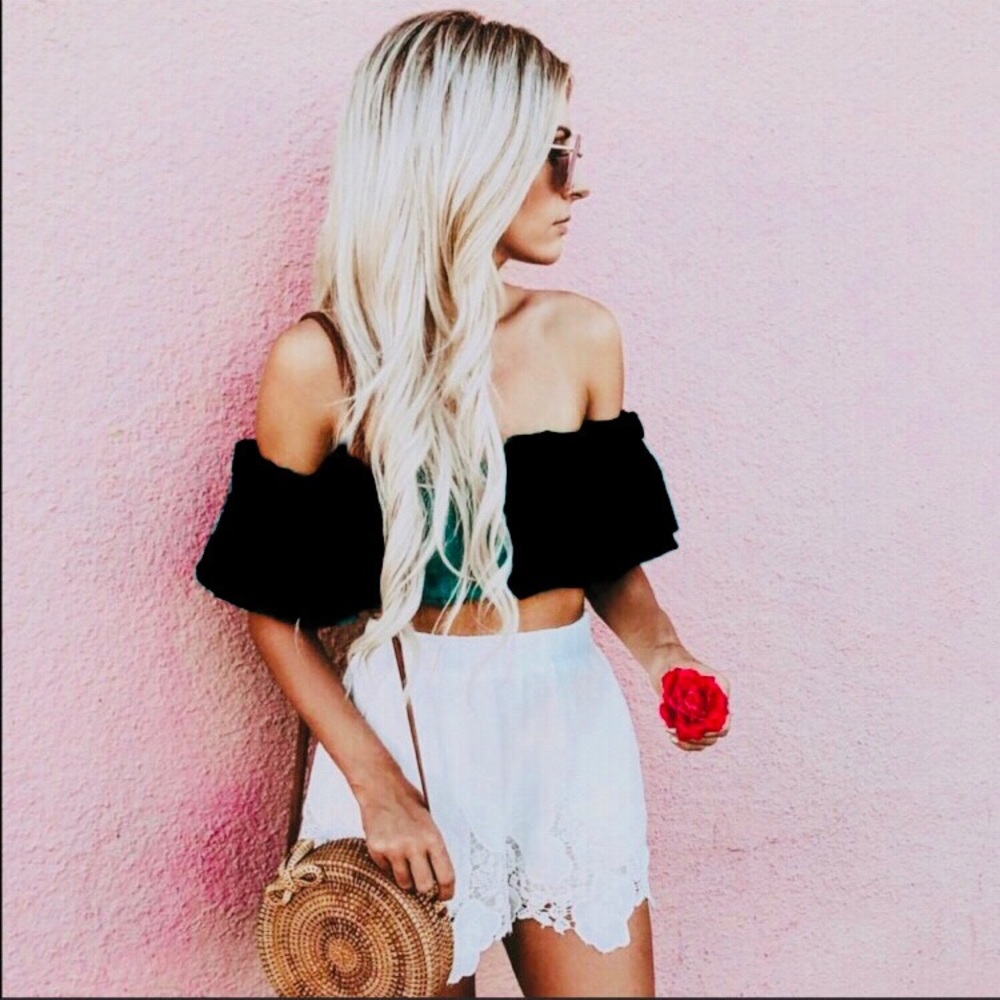 Black forever 21 off shoulder ruffle cropped top